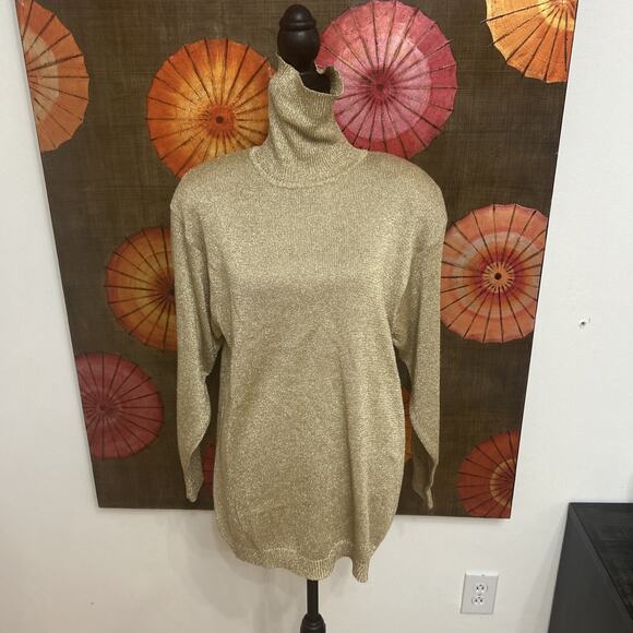 Vintage 90s Suzelle Metallic Gold Turtleneck Pullover Sweater Holiday Luxe Sz M - Picture 1 of 5